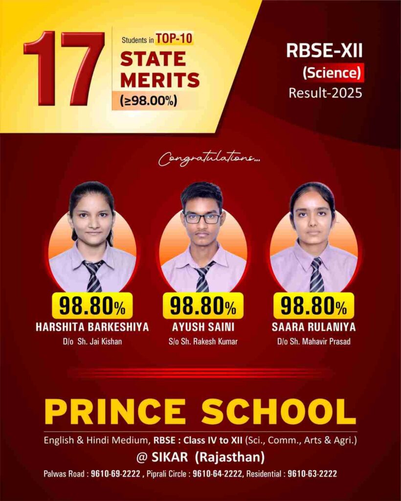 Prince School Sikar 12th Result 2025 Science