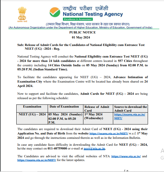 Admit card for NEET UG 2024